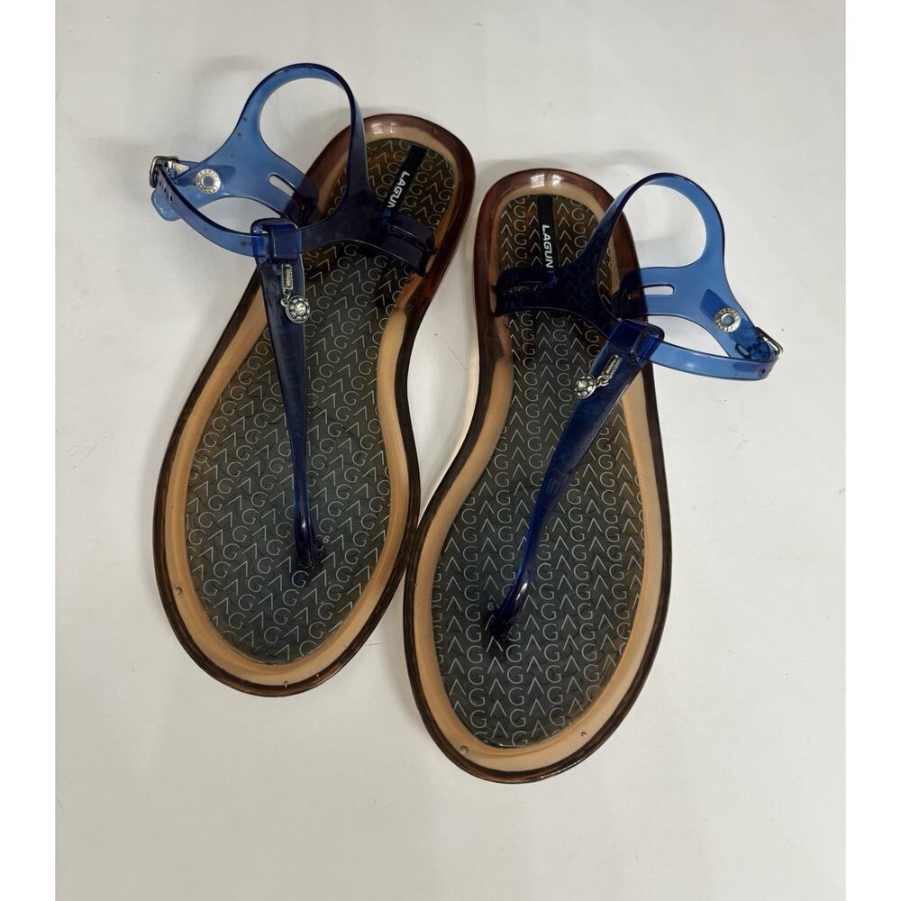 Laguna Women's Blue Jelly Thong Sandals Slingback T-Strap Buckle Logo Size 9 - Picture 6 of 6
